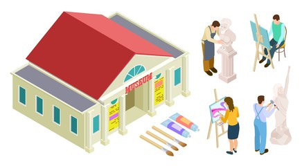 Isometric museum building. Vector art gallery. Artists, sculptors, restorers at work. Illustraion building art museum, artist people