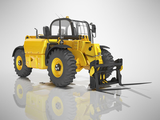 Yellow excavator telescopic loader isolated 3D render on gray background with shadow
