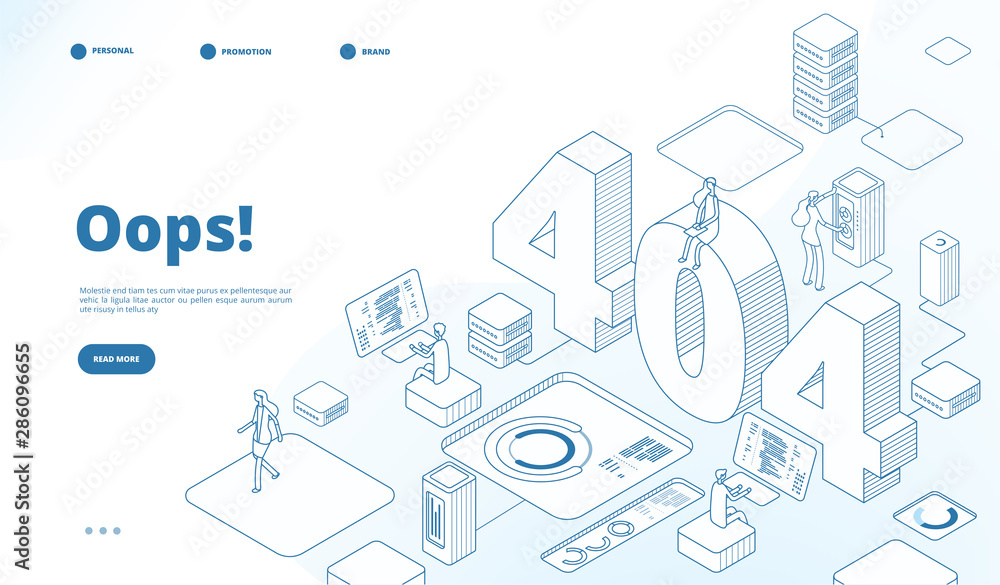 Fototapete 404 isometric page. not working error, lost data or not found 404 problem, disconnection sign. landi