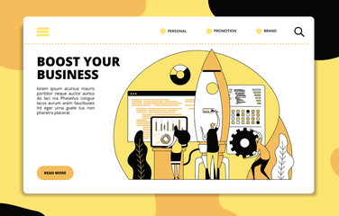 Startup landing page. Tech team launching rocket. Boost your business, project presentation layout. Customized website vector template. Illustration startup rocket, teamwork launch business