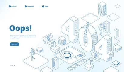 404 isometric page. Not working error, lost data or not found 404 problem, disconnection sign. Landing page vector line 3d design. Error problem 404, page web internet, network warning