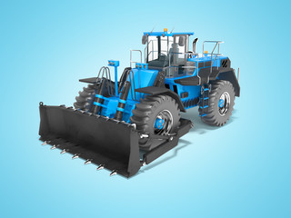 Blue wheeled dozer for quarrying isolated 3D render on blue background with shadow