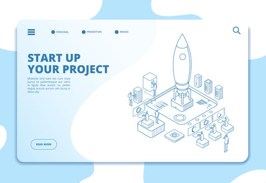 Startup landing page. Successful project launch. Isometric rocket, people at dashboard. Corporate ico business vector website design. Illustration startup landing page, start business launch