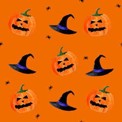 Halloween seamless pattern with black witch hat, pumpkins and spiders on an orange background