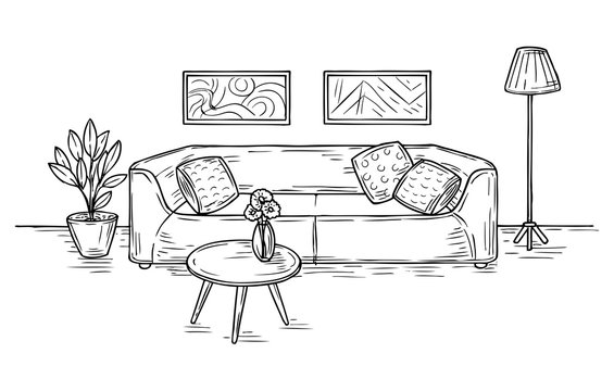 Sketch living room. Sofa, lamp and pictures on wall house furniture contemporary apartment drawing room interior sketch vector concept. Furniture sofa, house interior living room illustration