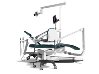 Dental unit and equipment for the office chair of the dentist and assistant assistants high chair 3d render on white background with shadow