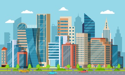 Flat downtown. Skyscrapers, exterior of modern city buildings. Residential and business office houses. Cityscape vector background. Urban town, downtown business architecture, building illustration
