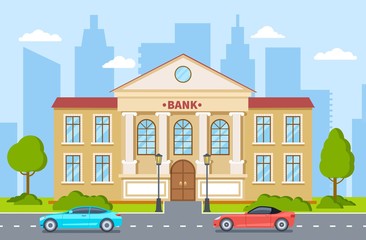 Bank building. Government house, financial office exterior with columns on street in cityscape. Banking service cartoon vector concept. Building office, financial exterior, house banking illustration