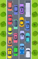 Traffic jam. Top view trucks and cars on highway road stuck in traffic. Urban transport management vector concept. Illustration highway road, traffic jam view