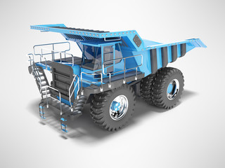 Modern blue mining truck with black accents perspective view rear render on gray background with shadow