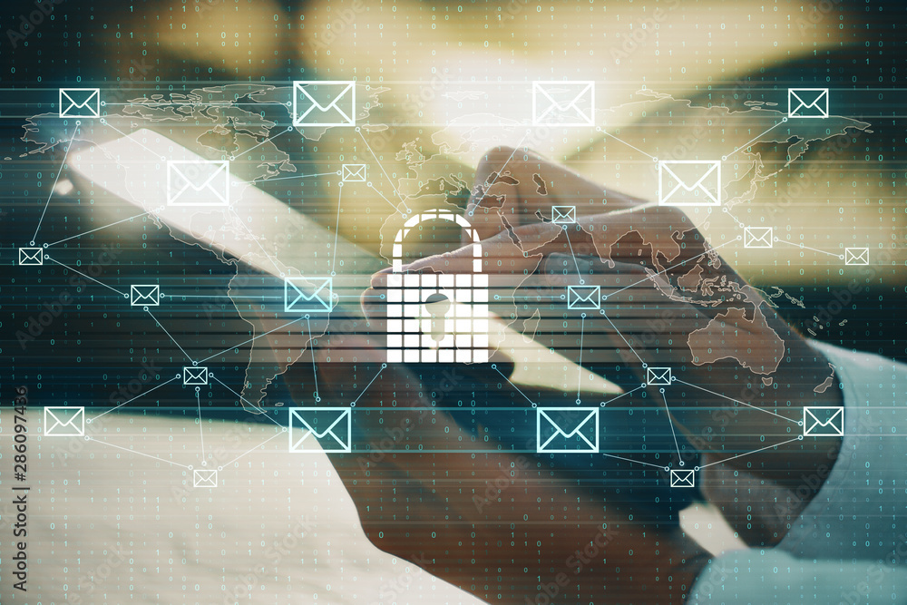 Poster hand using tablet with padlock