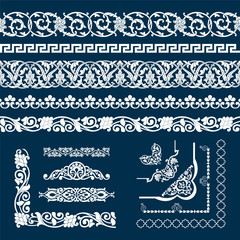Set of seamless tape Patterns, corner and elements in the form of cotton in the Uzbek national style, vector mockup for design, isolated on blue background. - obrazy, fototapety, plakaty