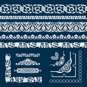 Set of seamless tape Patterns, corner and elements in the form of cotton in the Uzbek national style, vector mockup for design, isolated on blue background.