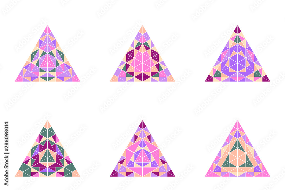 Poster polygonal isolated ornate mosaic symbol set - geometrical colorful vector illustrations from triangl