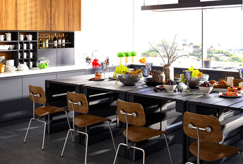 3d render of modern kitchen and dining room