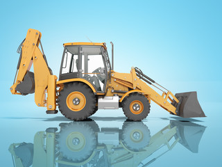 Obraz na płótnie Canvas Construction equipment excavator loader with jaw bucket at the base of the tractor left view 3d render on blue background with shadow