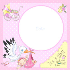 Photo frame for the birth of a girl. Baby shower. Vector.