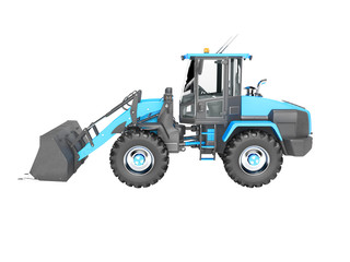 Blue front loader with large bucket on wheeled drive left side 3D render on white background no shadow