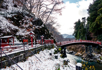 Shinkyo Bridge crosses over Daiya river in winter , Yanauchi, Nikko, Tochigi