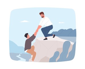 Young bearded man trying to help his friend hanging on cliff edge and pull him out. Rescue in mountains. Concept of true friendship, aid, care and support. Flat cartoon colorful vector illustration.