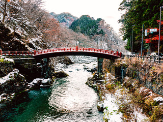 Shinkyo Bridge crosses over Daiya river in winter , Yanauchi, Nikko, Tochigi