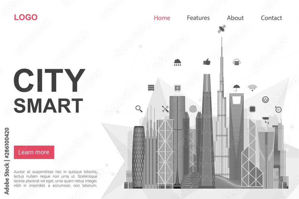 Aufkleber futuristic city landing page vector template. modern smart technology website homepage interface ide