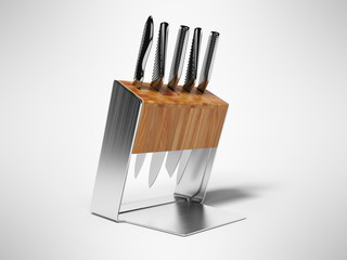 Set of metal knives in wooden stand with metal inserts 3D render on gray background with shadow