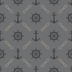 Seamless pattern with ropes, anchors and rudder. Marine theme.