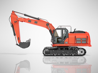 Road building red excavator on metal caterpillar track left side view 3d render on gray background with shadow