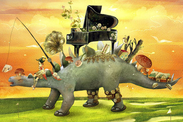 Dinosaurs, pure, literary, small and fresh, illustrations, beautiful women, girls, girls, fairy tales, boxes, dreams, dreams, aesthetics, piano, gramophone, mushrooms,