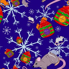 New Year Seamless Pattern with rats, snowflakes and Christmas houses. Vector illustration. 