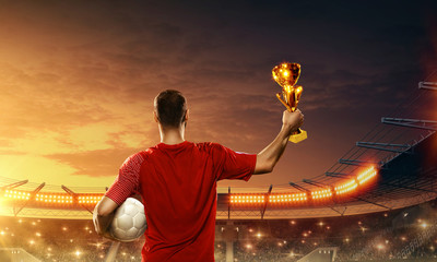 Soccer player celebrates victory. Fans cheering on a floodlit soccer arena
