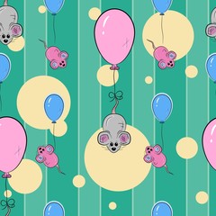 Cute Seamless Pattern. Mice with balloons. Vector illustration. 
