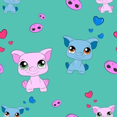 Cute Seamless Pattern with pigs, piglets and hearts. Vector illustration. 