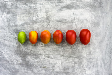 Green, yellow and red plum tomatoes in row