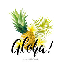 Tropical vector design with green palm leaves, plumeria flowers, pineapples and hand drawn Aloha inscription. Summer hawaiian illustration. © Ms.Moloko