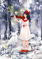 Playing violin, cello, violin, snow, winter, winter, cold, cold, girl, illustration, fantasy, dream, fairy tale, girl, fresh, literature, fantasy, winter, © zhenliu