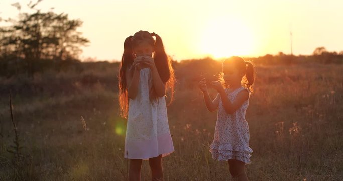 Two little pretty sisters, four and seven years old, playing with grass and grasshoppers in the rays of setting sun in a meadow near a forest . Slow motion 50 fps 4k 