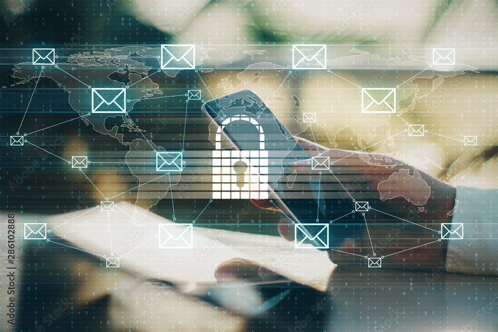 Poster hand using smartphone with padlock