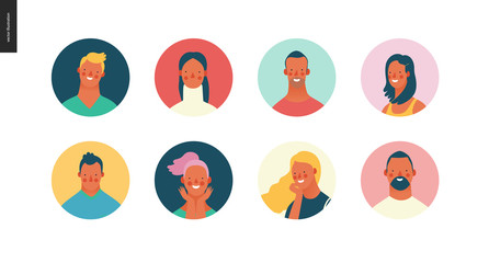 Bright people portraits set - hand drawn flat style vector design concept illustration of young men and women, male and female faces avatars. Flat style vector round icons set