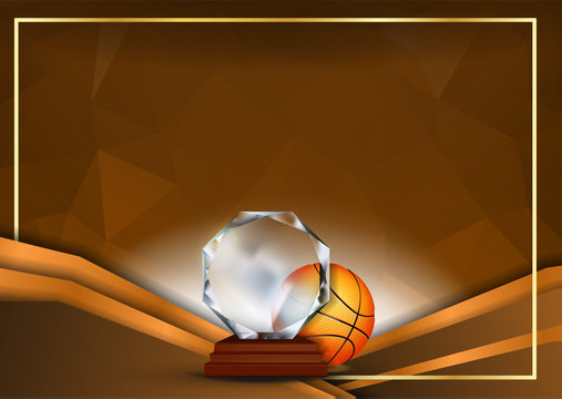 Basketball Certificate Diploma With Glass Trophy Vector. Sport Vintage Appreciation. Modern Gift. Print Blank. A4 Horizontal. Event Illustration