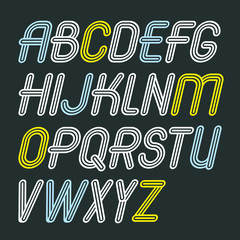 Set of trendy vector capital alphabet letters isolated. Retro italic type font, script from a to z can be used for logo creation. Made with triple stripy decoration.