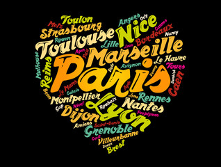 List of cities and towns in France composed in love sign heart shape, word cloud collage