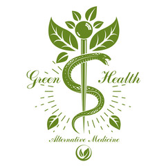 Caduceus vector conceptual emblem created with snakes and green leaves. Wellness and harmony metaphor. Alternative medicine concept, phytotherapy logo.