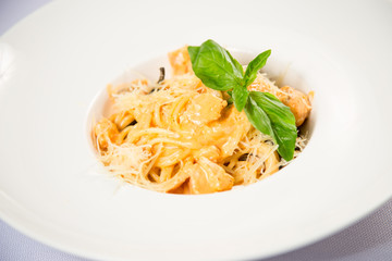 pasta with mushrooms on white background