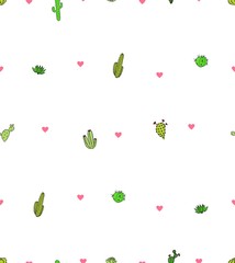 Cactus heart seamless vector handwritted pattern