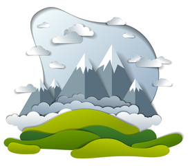 High mountain peaks range scenic landscape of summer with clouds in the sky, paper cut style childish illustration, holidays, travel and tourism theme.