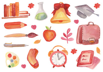 Watercolor school set. School supplies for your decoration.