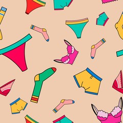 Seamless Pattern with underwear clothes panties, bra and socks. Vector illustration. 