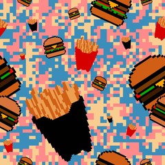 Pixel fast food Seamless Pattern. Pix vector illustration. 